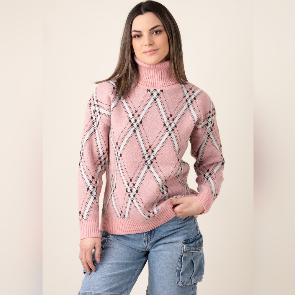 🧡S. Christina Pink Turtleneck Argyle Cashmere Sweater☆